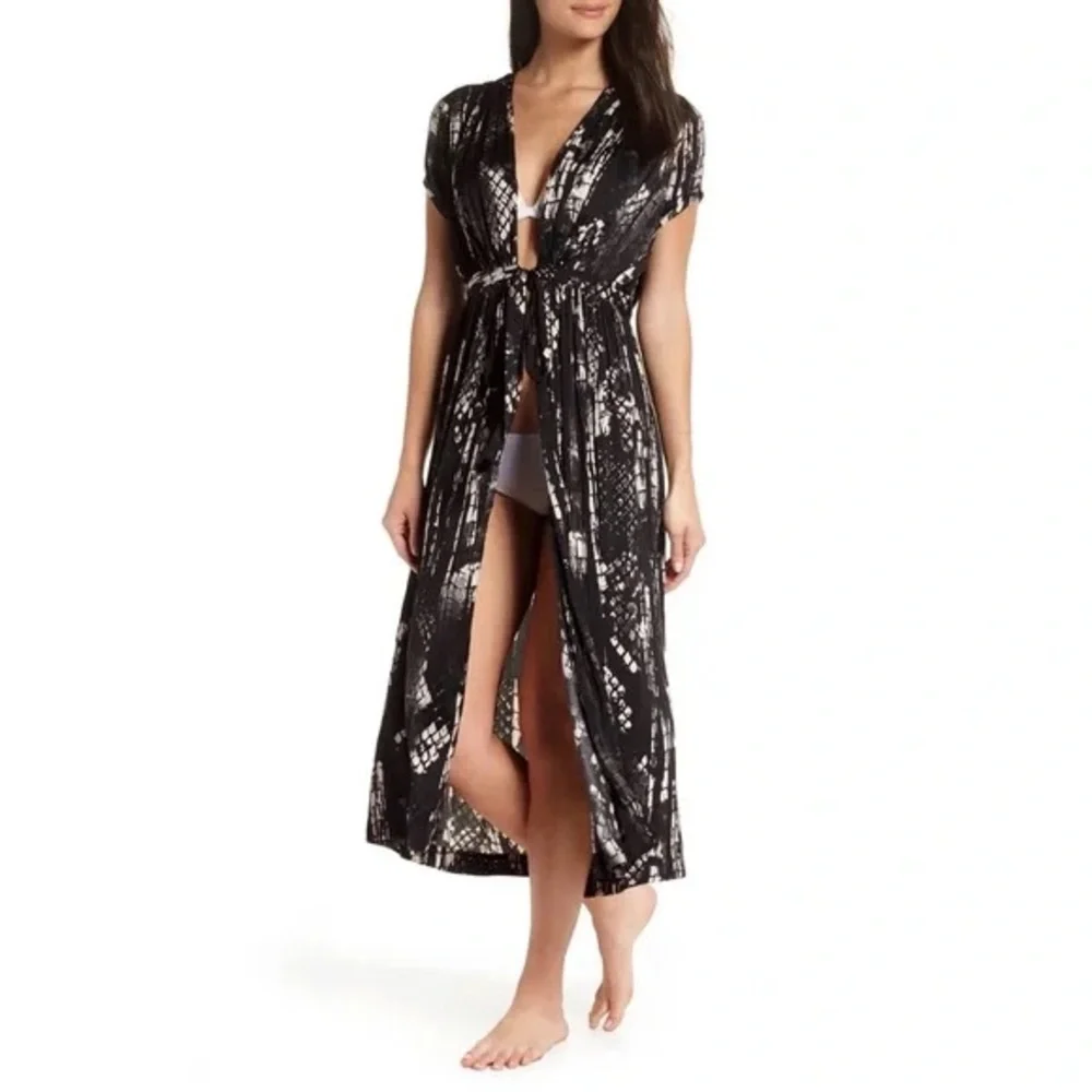Free People‎ boho Long Robe Cover up tunic blouse snake print small S dress